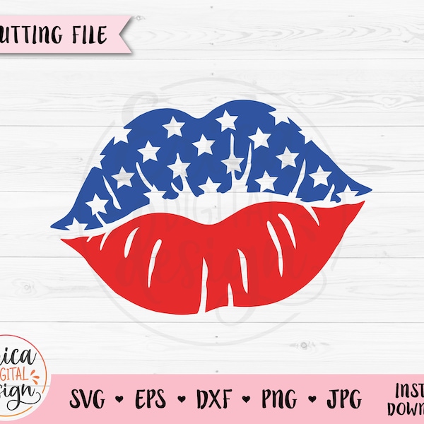 USA Flag Lips SVG American Flag Kiss cut file Patriotic 4th July Lipstick mark Female Red Lips Mouth Face Mask Silhouette Cricut Vinyl Decal