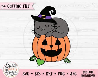 Halloween gato svg archivo cortado Gato durmiendo en una calabaza Lindo gato negro con sombrero de bruja Fall Kids Camisa de Halloween Silhouette Cricut Vinilo Hierro en