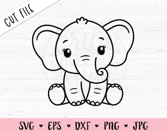 Baby Elephant SVG Cute Elephant Girl cut file Elephant Outline Baby Shower Girl Shirt Bodysuit Kawaii Animal Silhouette Cricut Vinyl Iron on