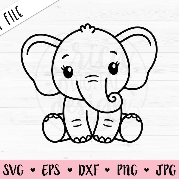 Baby Elefante SVG Cute Elephant Girl taglia file Elefante Contorno Baby Shower Ragazza Camicia Body Kawaii Animale Silhouette Cricut Vinile Ferro da stiro