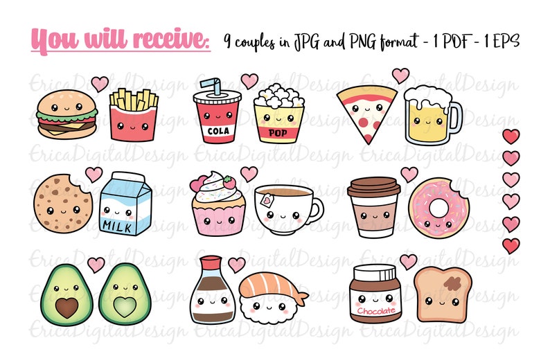 Perfect match kawaii clipart set Cute food clip art Friendship Best Friend Love Valentine Funny vector graphics Sweet Planner printables image 3