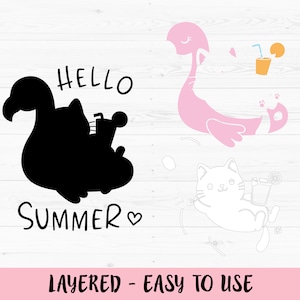 May include: Black and white silhouette of a cat riding a flamingo with the text "Hello Summer" and a heart.  A separate image shows a white cat riding a flamingo with a glass of juice and a slice of orange.