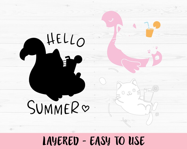 May include: Black and white silhouette of a cat riding a flamingo with the text "Hello Summer" and a heart.  A separate image shows a white cat riding a flamingo with a glass of juice and a slice of orange.