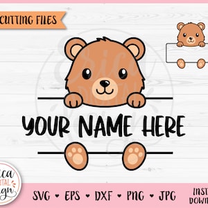 Bär Clipart Namensrahmen SVG geschnitten Datei Cricut Silhouette Split Monogramm Schüler Namensschild Schule Klassenzimmer Label Wald Baby Tier