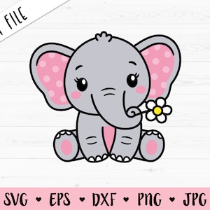 May include: A cartoon illustration of a grey elephant with pink ears and a pink flower in its trunk. The elephant has large, black eyes and a small, black mouth. The flower is yellow with a white centre.