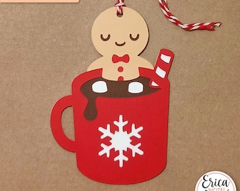 Lebkuchen Mann SVG Weihnachten Geschenkanhänger schnitt Datei Cricut Silhouette Weihnachten Karton Urlaub Verzierung Heiße Schokolade Weihnachten Geschenkanhänger Vorlage