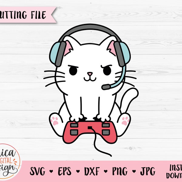 Gamer cat SVG cut file Funny nerd geek cat Video game Gaming cutting file Cricut Silhouette Vinyl Kids shirt Commercial use Clipart PNG