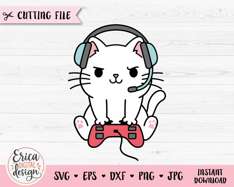 Op de afbeelding: Een witte kat met blauwe en roze koptelefoon en een rode videogamecontroller vasthoudt. De kat heeft een schattige, cartoonachtige uitdrukking.