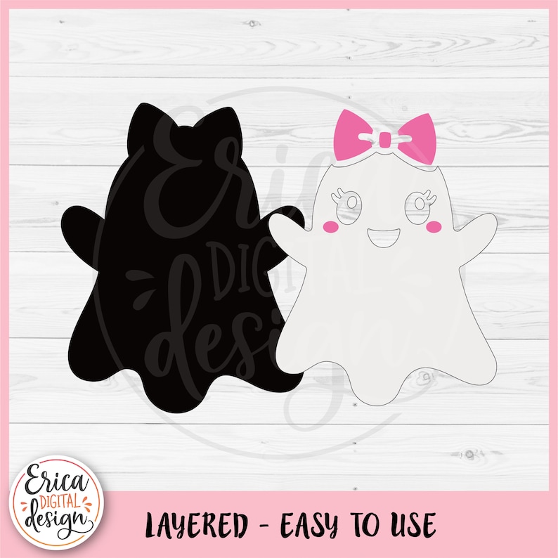 K&ouml;nnte beinhalten: Zwei &uuml;bereinanderliegende Geister-Schnittdateien, eine schwarze und eine wei&szlig;e mit rosa Akzenten. Der wei&szlig;e Geist hat eine rosa Schleife und rosa Wangen. Der Text "LAYERED - EASY TO USE" befindet sich am unteren Rand des Bildes.