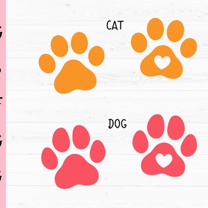 Patte imprimer SVG Chat Chien patte coeur coupé fichier Cat Dog pattes Mignon animal de compagnie patte-impression Chat maman Chien amoureux animal pawprints Silhouette Cricut Vinyl Die Cut
