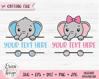 Elephant monogram SVG Split monogram Name Frame Cricut Silhouette layered cut file Kid Baby Boy Girl Cute animal Vinyl Commercial use PNG