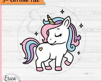 May include: A white unicorn with a pink and blue mane and tail. The unicorn has closed eyes and a small heart on its side. There are small stars around the unicorn.