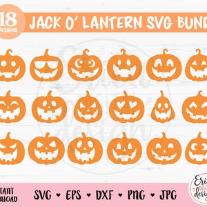 Puede incluir: Un conjunto de 18 diseños SVG de Jack-O-Lantern en naranja con varias expresiones faciales. El texto "18 DESIGNS" está en la parte superior de la imagen. El texto "JACK O' LANTERN SVG BUNDLE" está en la parte superior de la imagen. El texto "INSTANT DOWNLOAD" está en la parte inferior izquierda de la imagen. El texto "SVG EPS DXF PNG JPG" está en la parte inferior central de la imagen. El texto "Erica DIGITAL design" está en la parte inferior derecha de la imagen.