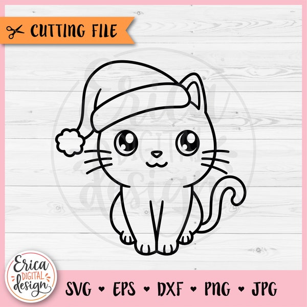 Christmas Cat SVG Cute Cat Outline cut file for Cricut Silhouette Cat with Santa Hat Kitty Merry Christmas Baby Shirt Bodysuit Iron on Vinyl