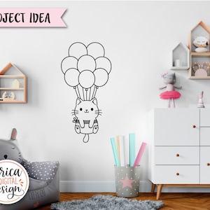 Puede incluir: Ilustraci&oacute;n en blanco y negro de l&iacute;nea de un gato sujetando un mont&oacute;n de globos. El gato lleva una pajarita y tiene una expresi&oacute;n feliz. La imagen est&aacute; sobre un fondo blanco.