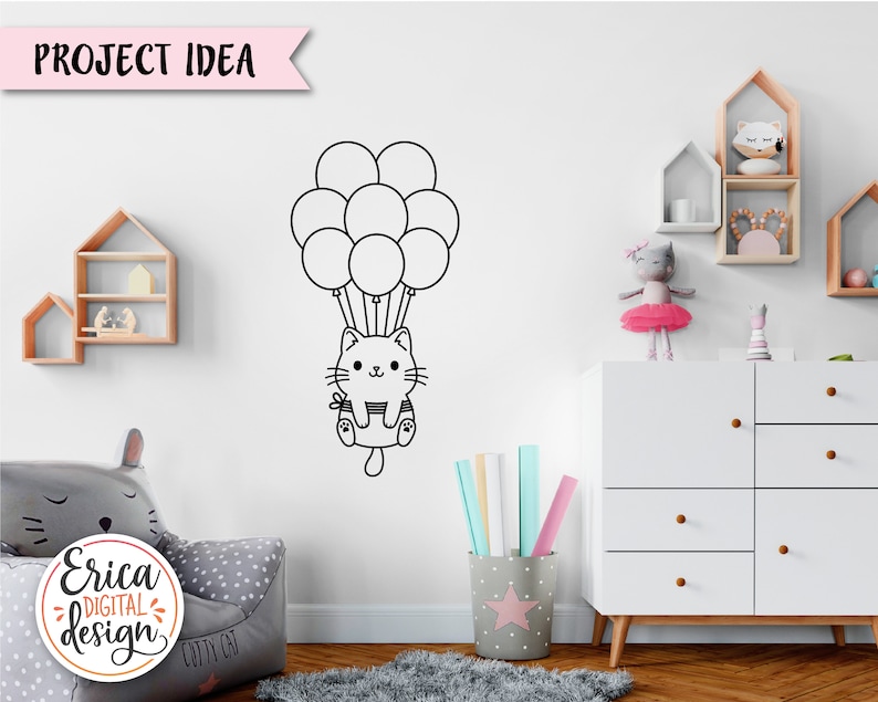 Puede incluir: Ilustraci&oacute;n en blanco y negro de l&iacute;nea de un gato sujetando un mont&oacute;n de globos. El gato lleva una pajarita y tiene una expresi&oacute;n feliz. La imagen est&aacute; sobre un fondo blanco.