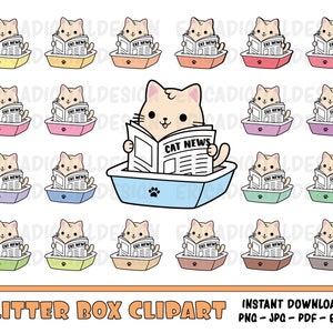 Kattenbak vak clipart cute cat zand vak digitale clip art grappige kat afdrukbare stickers planner schoonmaken herinnering kawaii Pet vector graphics