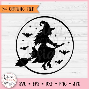 Sorcière Silhouette SVG coupe fichier Cricut Silhouette jolie sorcière balai chat chauves-souris pleine lune vol chapeau de sorcière fille Halloween chemise fer sur vinyle