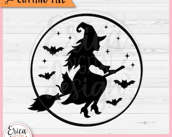Hexe Silhouette SVG geschnitten Datei Cricut Silhouette hübsche Hexe Besen Katze Fledermäuse Vollmond fliegen Hexe Hut Mädchen Halloween Shirt Eisen auf Vinyl