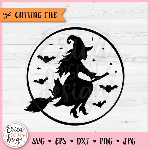 Witch Silhouette SVG cut file Cricut Silhouette Pretty Witch Broom Cat Bats Full Moon Flying Witch Hat Girl Halloween Shirt Iron on Vinyl