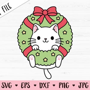 Chat de Noël SVG Couronne de Noël superposée fichier coupé Cute Funny kitty Vacances d’hiver Kid chemise Bébé bodysuit Silhouette Cricut Vinyl Iron sur