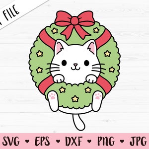 Christmas cat SVG Christmas wreath layered cut file Cute Funny kitty Winter Holidays Kid shirt Baby bodysuit Silhouette Cricut Vinyl Iron on image 1