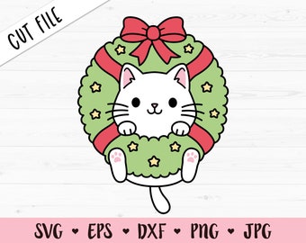 Kerst kat SVG Kerst krans gelaagd gesneden bestand Cute Funny kitty Winter Holidays Kid shirt Baby bodysuit Silhouette Cricut Vinyl Iron op