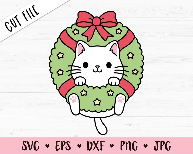 Christmas cat SVG Christmas wreath layered cut file Cute Funny kitty Winter Holidays Kid shirt Baby bodysuit Silhouette Cricut Vinyl Iron on image 1