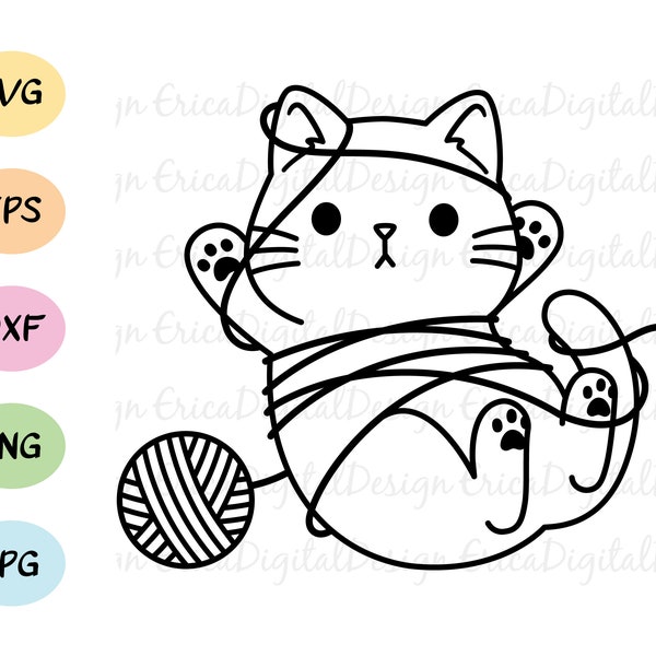 Cat SVG Cute cat with yarn ball cutting file Kitty cuttable Cat mama Funny cats animal Knitting lover Silhouette Cricut Vinyl Shirt Stamp