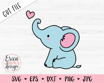 May include: A blue cartoon elephant with a pink ear and a pink heart above its head. The elephant is sitting with its legs crossed and its trunk raised.