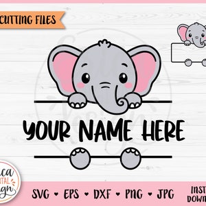 Baby Elefant Namensrahmen SVG geschnitten Datei Cricut Silhouette Split Monogramm niedlicher Elefant Baby Shower Safari Namensschild Schule Dschungel Zoo