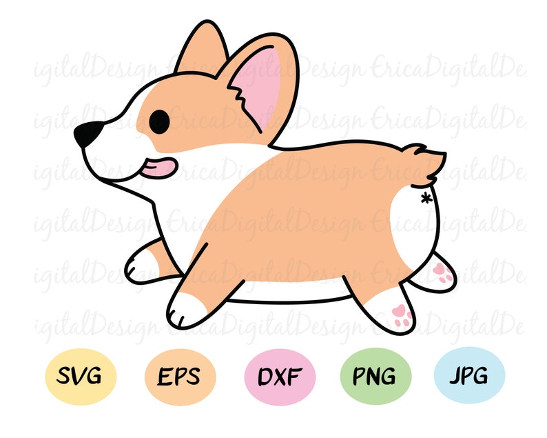 May include: A cartoon illustration of a brown and white corgi dog with pink ears and a pink tongue sticking out. The dog is running and has a happy expression on its face.