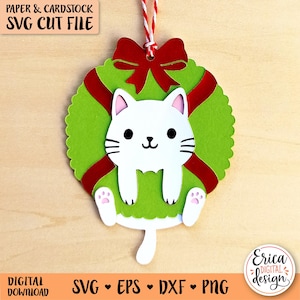 Étiquette de cadeau de Noël SVG chat de Noël coupe Cricut Silhouette ornement de guirlande de Noël amoureux des chats Papier cartonné de Noël Modèle d'étiquette de cadeau de vacances