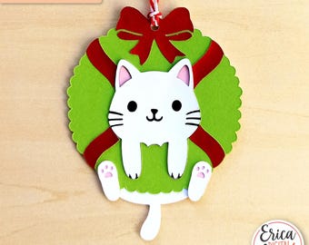 Christmas Cat SVG Christmas Gift Tag cut file Cricut Silhouette Christmas Wreath Ornament Cat Lover Xmas Cardstock Holiday Gift Tag Template