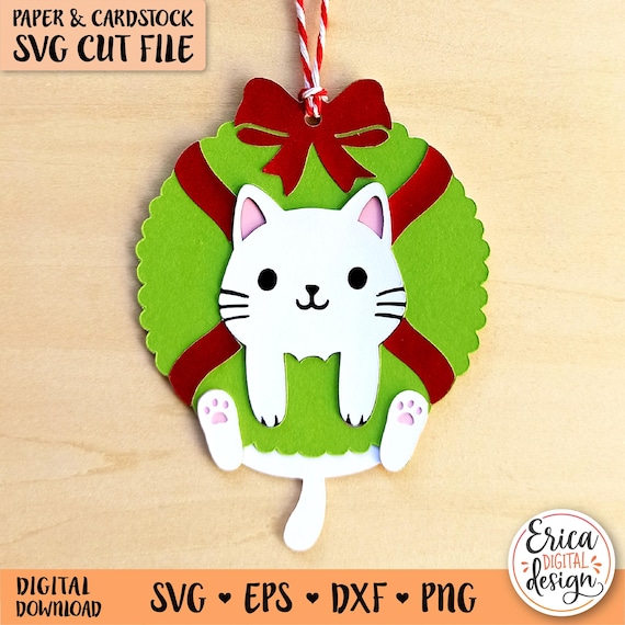 Christmas Cat SVG Christmas Gift Tag cut file Cricut Silhouette Christmas Wreath Ornament Cat Lover Xmas Cardstock Holiday Gift Tag Template