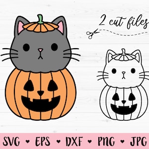 Cat in Halloween pumpkin SVG Funny Halloween cut file Kawaii Cute black cat Autumn October Kids shirt Silhouette Cricut Vinyl Iron on Stamps