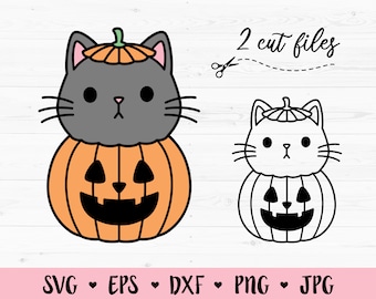 Katze in Halloween Kürbis SVG lustige Halloween geschnitten Datei Kawaii süße schwarze Katze Herbst Oktober Kinder Shirt Silhouette Cricut Vinyl Eisen auf Briefmarken