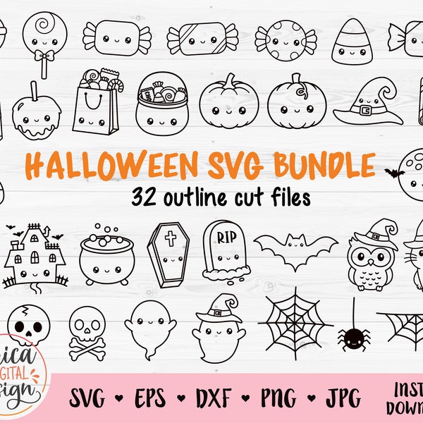 Halloween Bundle SVG fichiers coupés Cricut Silhouette Trick or Treat Cute Pumpkin Candy Witch hat Spellbook Cauldron Maison hantée Skull Ghost
