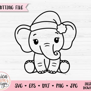 Christmas Elephant contour SVG coupé fichier Elephant Girl Santa hat Holiday Shirt Baby Body Cute Animal Silhouette Cricut Gravure laser