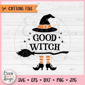 Puede incluir: Una silueta de bruja negra y naranja con un sombrero puntiagudo, una escoba y piernas rayadas. El texto "GOOD WITCH" está escrito en negro sobre la bruja.