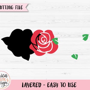 May include: A layered digital cut file design of a red rose with green leaves. The rose is layered with a black silhouette of a rose.