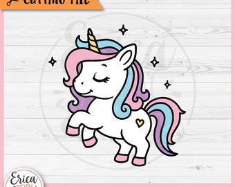 May include: A white unicorn illustration with a golden horn, pink, blue, and purple mane and tail, and a heart on its side. The image includes the text "CUTTING FILE" and file type icons: SVG, EPS, DXF, PNG, and JPG.