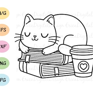 Chat dormant sur des livres SVG mignon lecteur de livre de chat coupant le fichier drôle de chat cuttable Reading Coffee Book amant Silhouette Cricut Vinyl Shirt Stamp