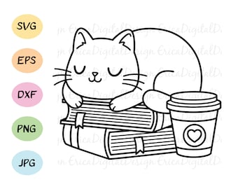Cat sleeping on books SVG Cute cat book reader cutting file Funny cat cuttable Reading Coffee Book lover Silhouette Cricut Vinyl Shirt Stamp