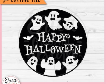 Happy Halloween Round Sign SVG cut file for Cricut Silhouette Happy Halloween Door Sign Funny Ghosts Bats Welcome Sign Halloween Door Decor