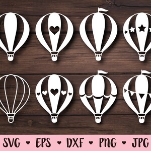 K&ouml;nnte beinhalten: Set mit 8 wei&szlig;en Hei&szlig;luftballon-SVG-Schnittdateien. Die Ballons haben verschiedene Designs, darunter Herzen, Sterne und Flaggen.