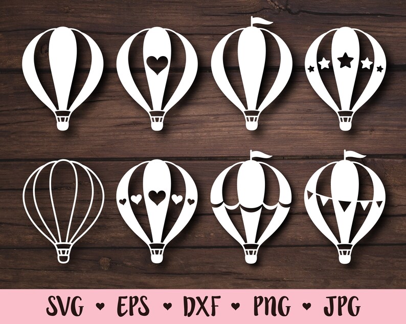 K&ouml;nnte beinhalten: Set mit 8 wei&szlig;en Hei&szlig;luftballon-SVG-Schnittdateien. Die Ballons haben verschiedene Designs, darunter Herzen, Sterne und Flaggen.