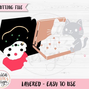 May include: A layered digital cut file design featuring a black and white snowman with a red hat and a gray cat sleeping in a pizza box with mushrooms.