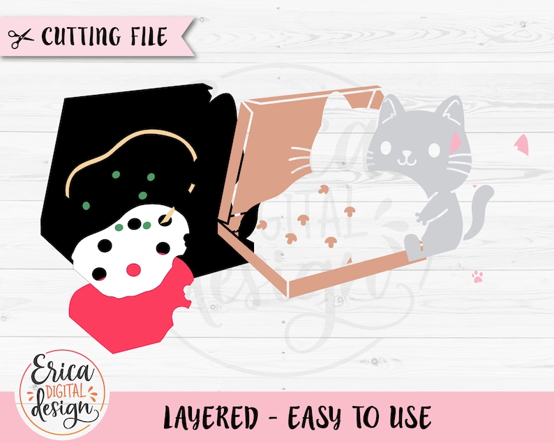 May include: A layered digital cut file design featuring a black and white snowman with a red hat and a gray cat sleeping in a pizza box with mushrooms.