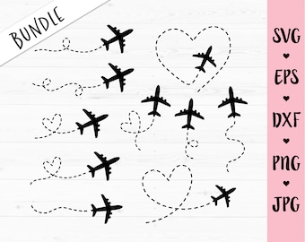 Airplane Bundle SVG Plane route heart path cut file Travel love Wanderlust Vacation Girl Trip Shirt Bachelorette Honeymoon Silhouette Cricut
